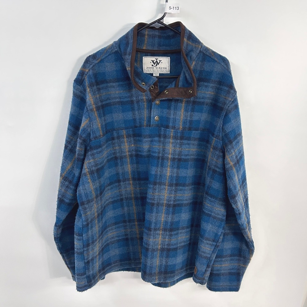 John Wayne Plaid Snap Neck Fleece Pullover XL Blue Western Ranch Americana